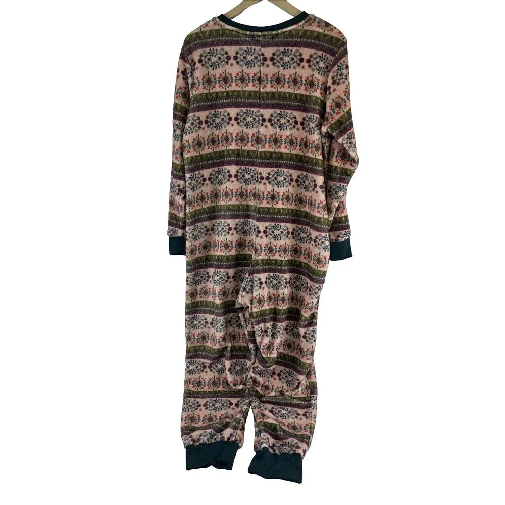 Natural Life One Piece Fleece Pajamas Zip Pink‎ Green Floral Long Womens Medium